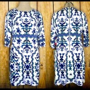 NWT  Vince Camuto NEW Dress 18W Womens Mosaic Pattern Elbow Sleeves  Blue White